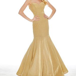Ashley Lauren Gold Metallic Mermaid Jersey Evening Dress